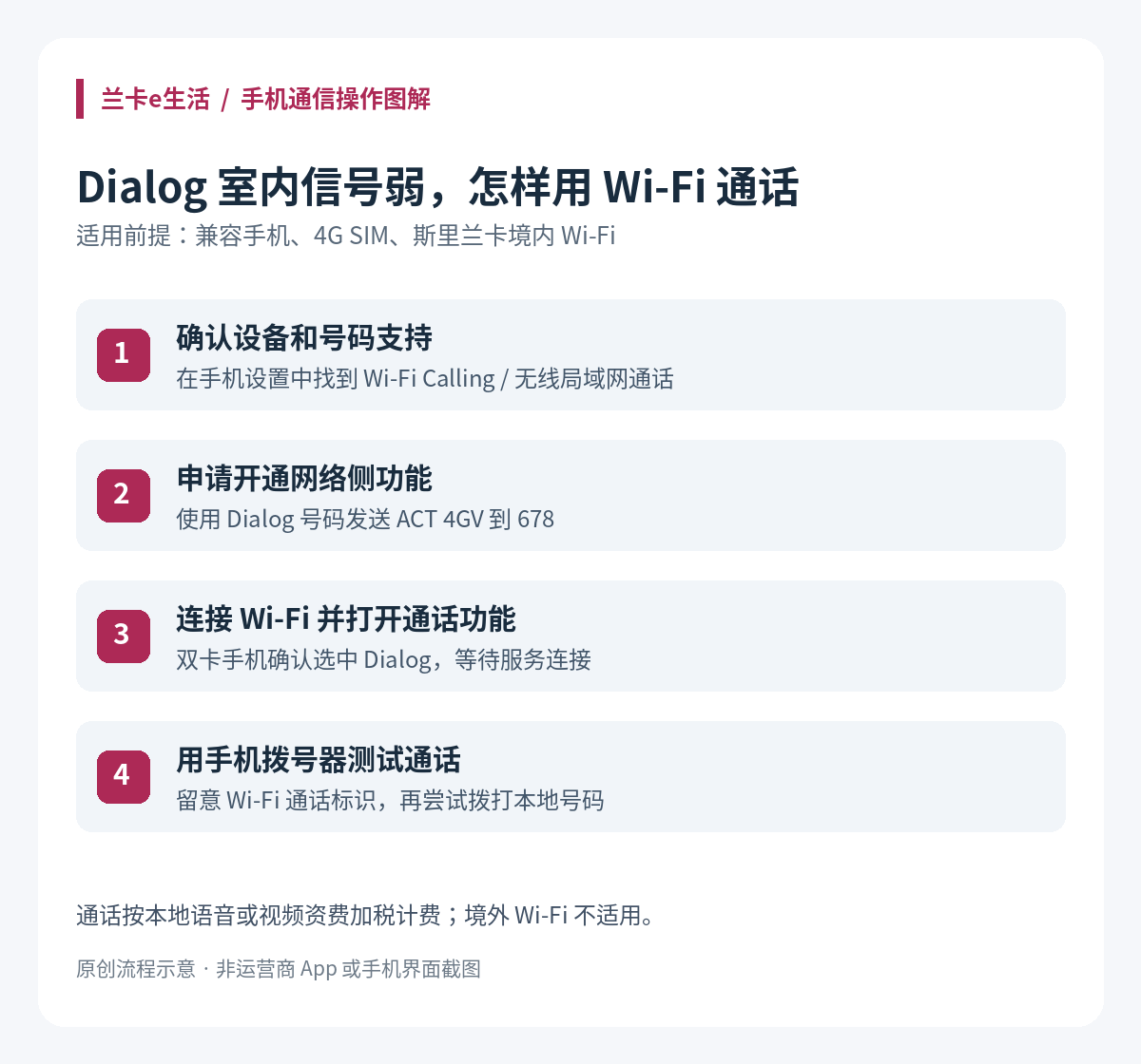 Dialog Wi-Fi Calling开通与测试流程,兰卡e生活原创示意,非运营商界面截图