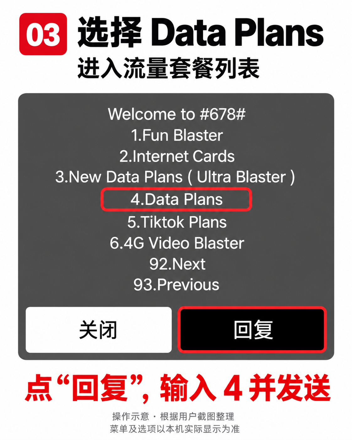 操作示意三:在流量分类菜单找到4.Data Plans